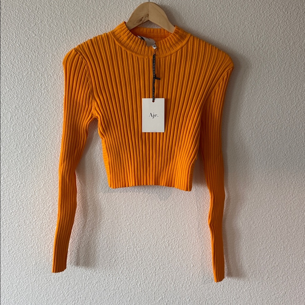 aje edner ribbed cutout long sleeve knit crop top new nwt marigold